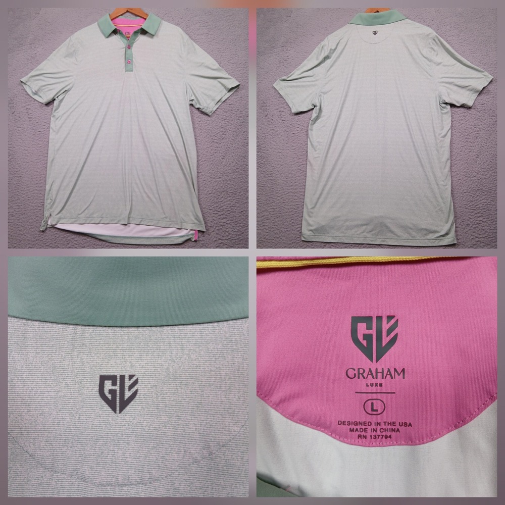 Graham Luxe Polo Shirt Men's Large Gray Green Pink Trim Golf Performance